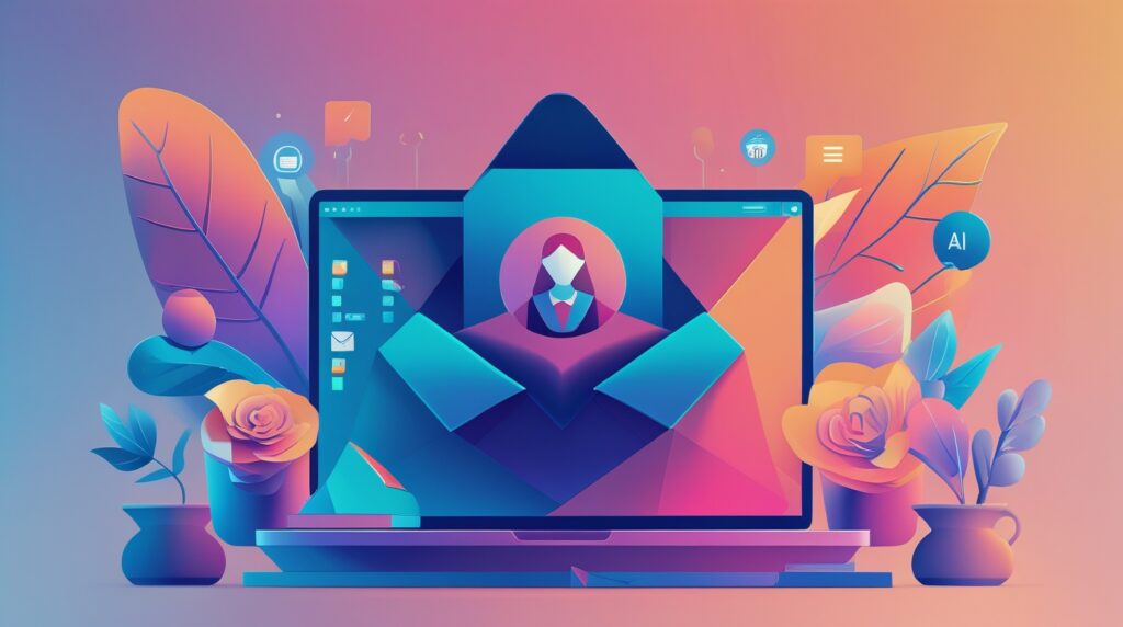 Illustration of a laptop displaying an AI Email Management notification with a person’s avatar, surrounded by decorative leaves, flowers, and digital icons, in vibrant gradient colours.