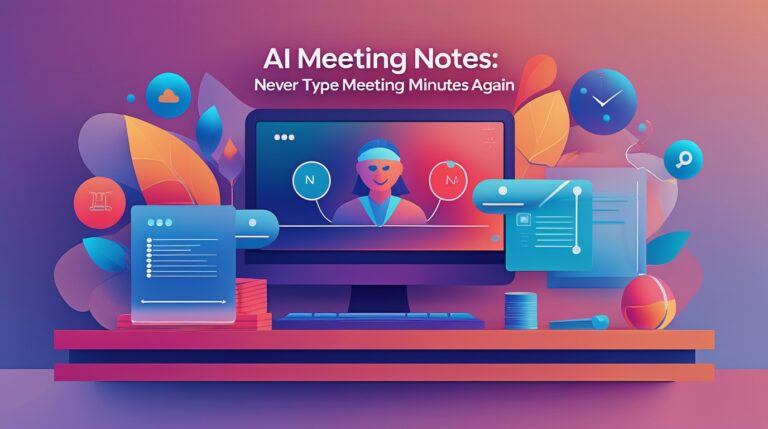 A computer screen displays a virtual meeting with digital notes, surrounded by icons and office items. Text reads: AI Meeting Notes—Capture Meeting Minutes Instantly.