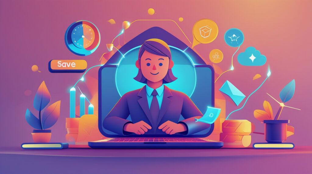 Illustration of a woman in business attire at a laptop, surrounded by icons for finance, cloud storage, and savings—showcasing AI productivity hacks—all set against a futuristic and colourful background.