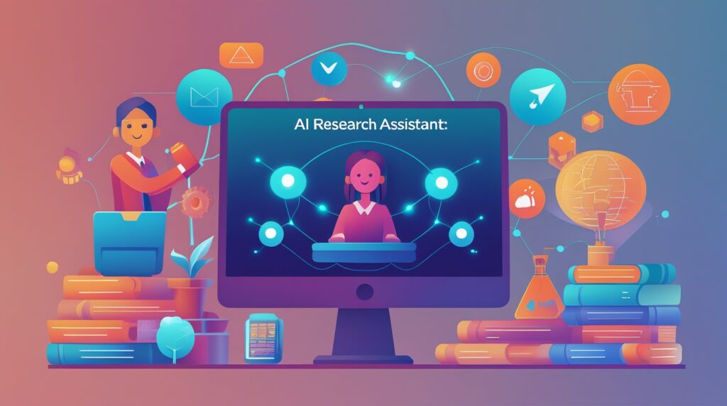 Illustration of a computer displaying AI Research Assistant, surrounded by books, scientific icons, and a person interacting with technology to gather information.