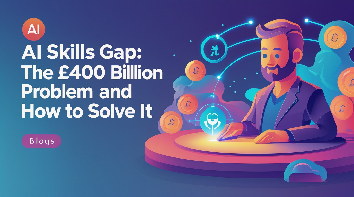 A digital illustration of a person at a desk with AI and finance icons, next to text reading “AI Skills Gap: The £400 Billion Problem and How to Solve It,” highlighting the growing need for advanced AI skills.