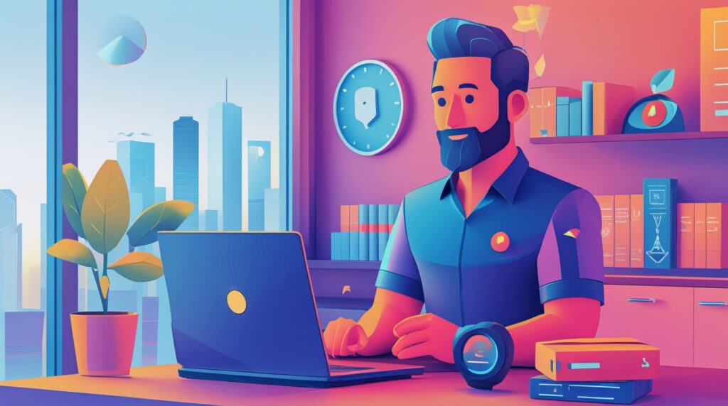 A bearded man works on a laptop at his desk in a modern business office, optimising his AI workflow amid shelves, books, a clock, and a city view through large windows.