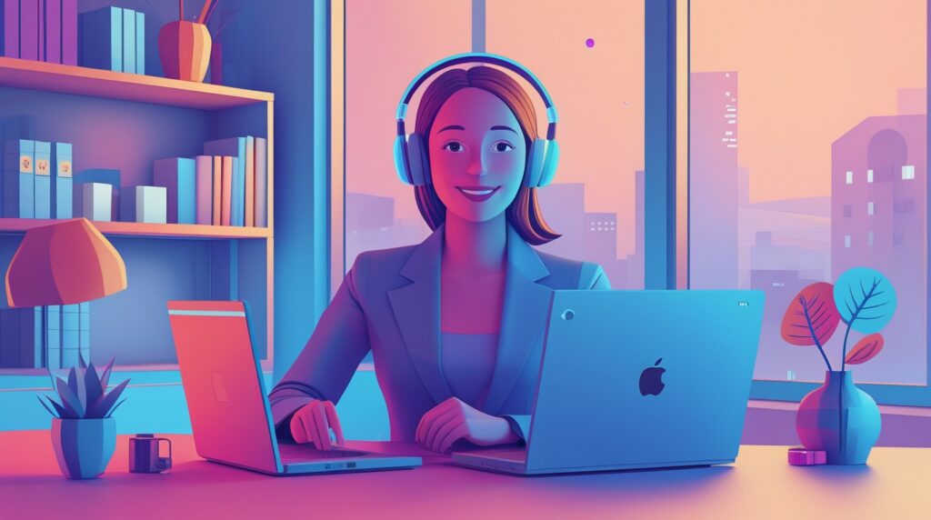 A woman wearing headphones sits at her desk with two laptops, optimising her AI workflow in a modern office filled with plants and bookshelves, city buildings visible through the window—a dynamic business environment.
