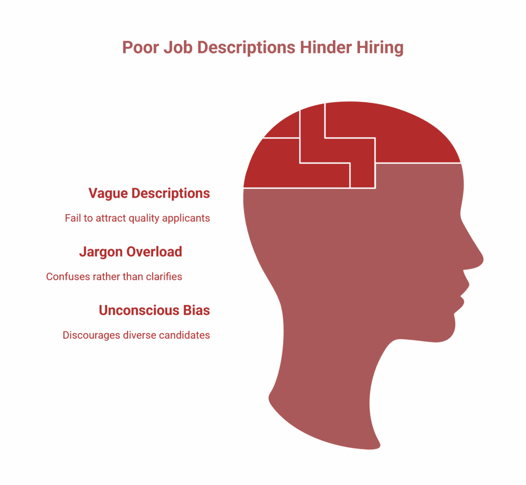 Diagram with a human head silhouette, highlighting three HR hiring barriers: vague descriptions, jargon overload, and unconscious bias, each briefly explained. Text reads: Poor Job Descriptions Hinder Recruitment.