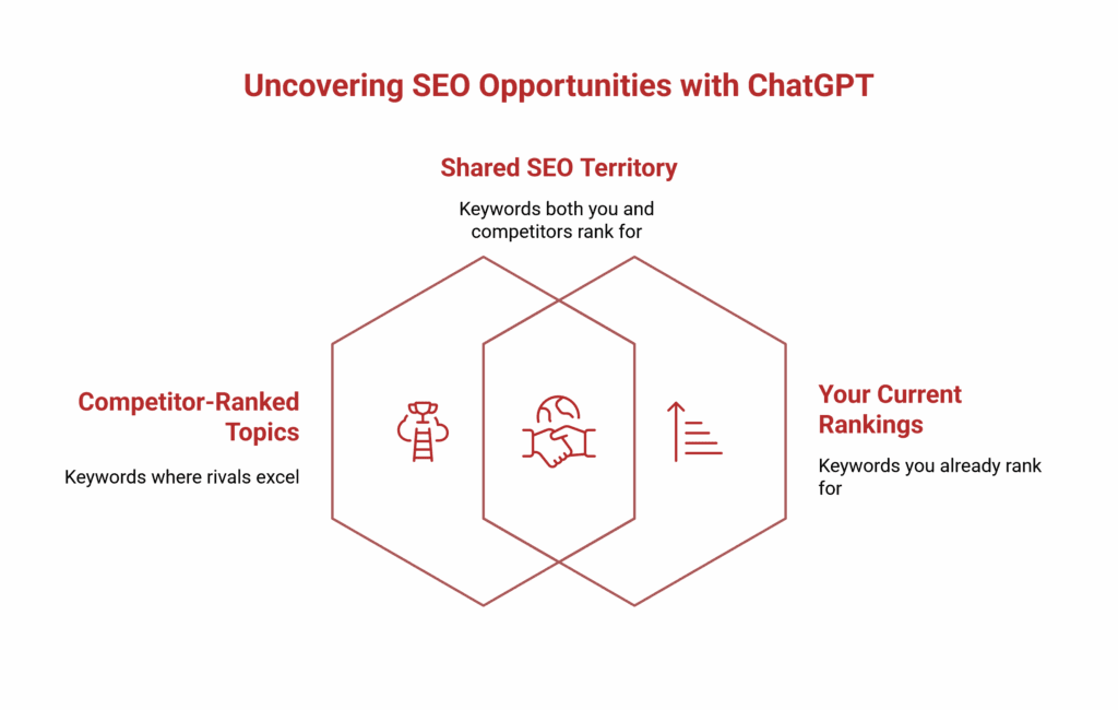 A Venn diagram showing SEO opportunities for small business: competitor-ranked topics, shared SEO territory, and your current rankings, labelled with brief descriptions. Perfect for leveraging AI for SEO insights.