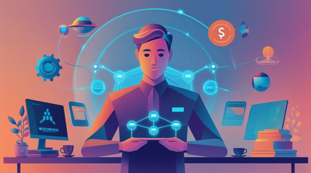 Illustration of a person using a tablet at a desk, surrounded by digital network icons, computers, and technology symbols representing business connectivity and autonomous AI-driven innovation.