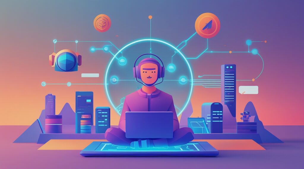 A person wearing a headset works on a laptop, surrounded by digital icons, business graphs, and futuristic city elements in a bright, modern setting powered by autonomous AI.