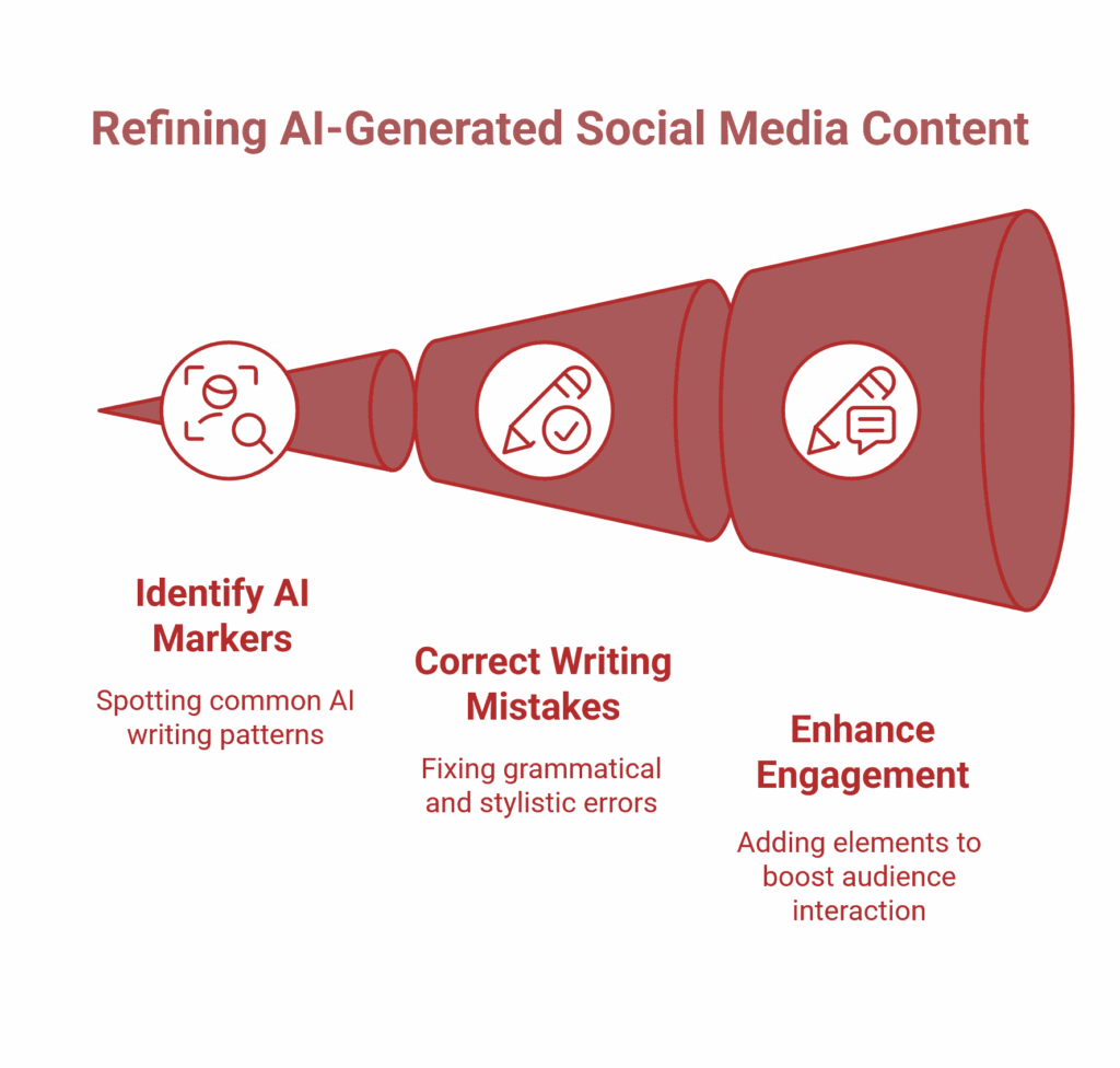 Infographic showing three steps to refine AI-generated social media writing: identify ChatGPT markers, correct writing mistakes, and enhance engagement for quality content.