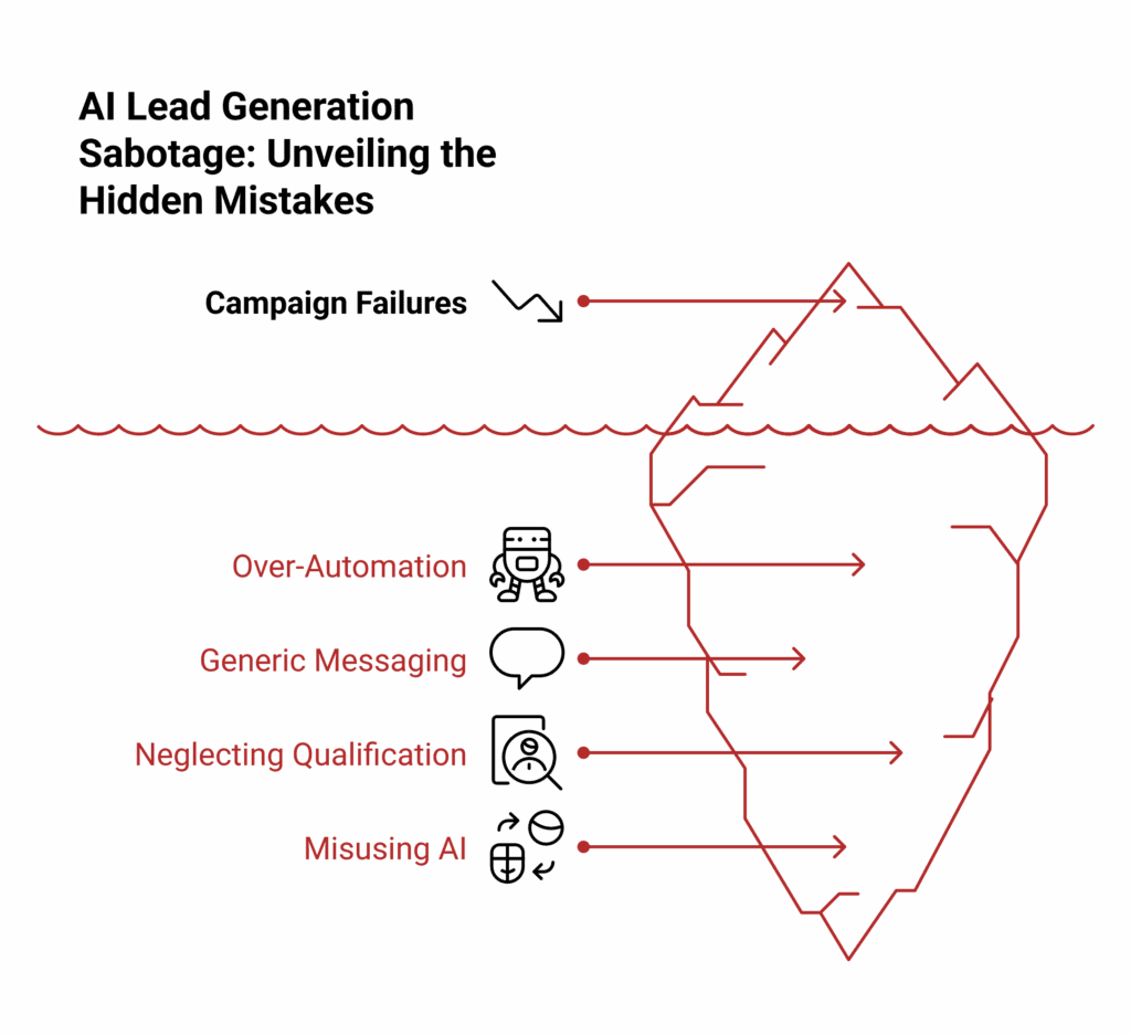 An iceberg diagram showing Campaign Failures above water and, hidden below, causes such as Over-Automation, Generic Messaging, Neglecting Qualification, and Misusing ChatGPT for Lead Generation.