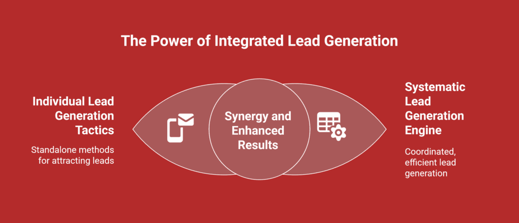 Venn diagram showing individual lead generation tactics and a systematic lead generation engine, featuring ChatGPT for Lead Generation, overlapping for synergy and enhanced results.