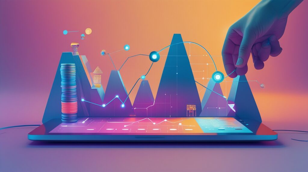 A hand manipulates virtual graphs and charts emerging from a tablet screen, with data points, lines, and coin stacks representing financial analytics—highlighting the advantage of gaining a competitive edge with AI-driven insights.