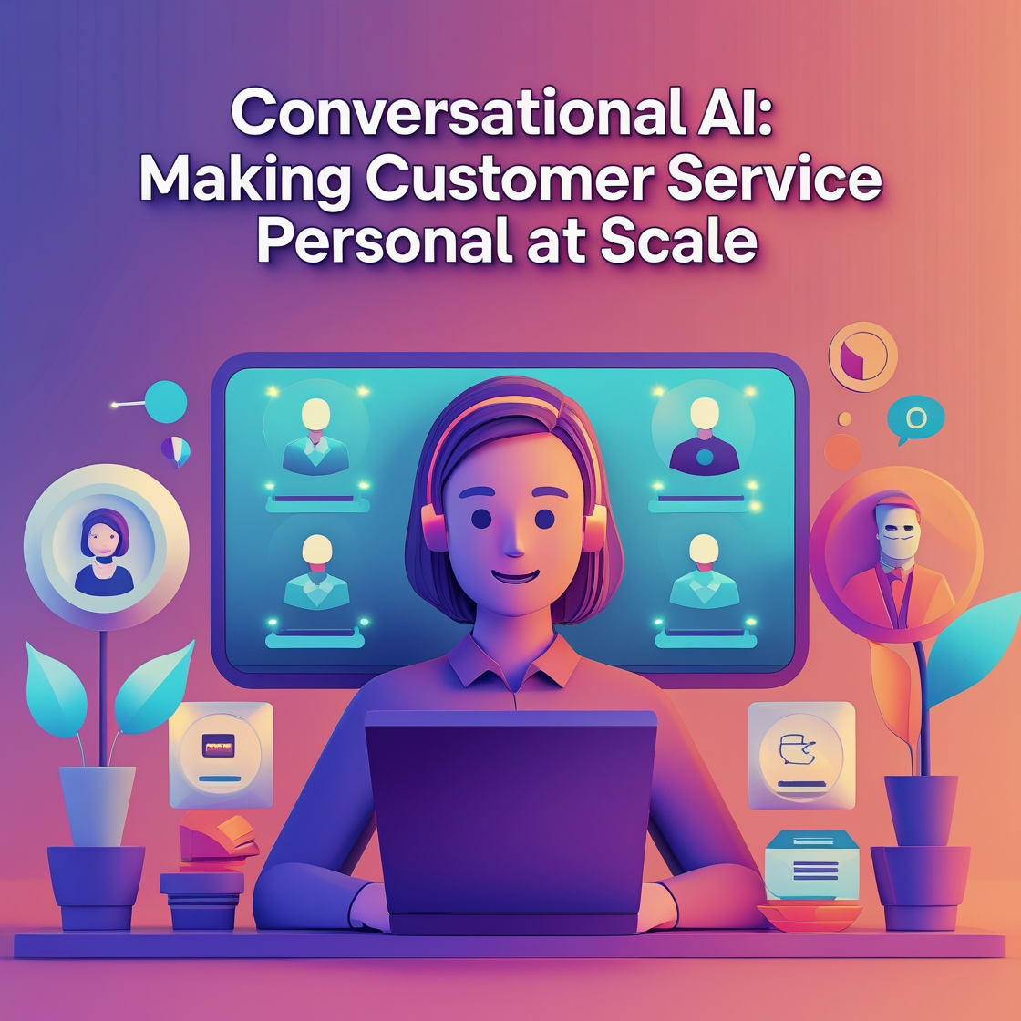 Illustration of a customer service agent at a laptop, surrounded by tech icons and virtual profiles, highlighting how Conversational AI makes customer service personal at scale with the text above.