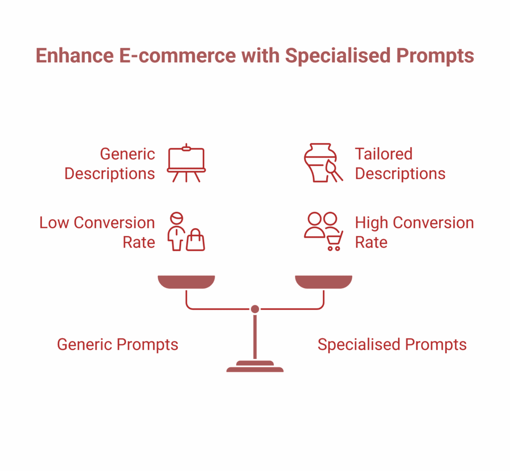 A diagram compares generic and specialised e-commerce product description prompts, showing tailored prompts lead to high conversion rates and generic prompts to low conversion rates, using balanced scale imagery.