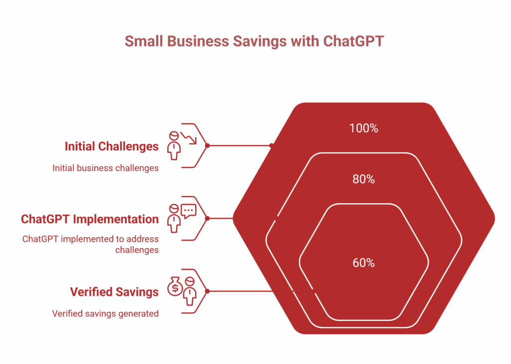 Infographic showing three stages: initial Small Business challenges, ChatGPT implementation to solve them, and verified savings at 60%, 80%, and 100% levels.
